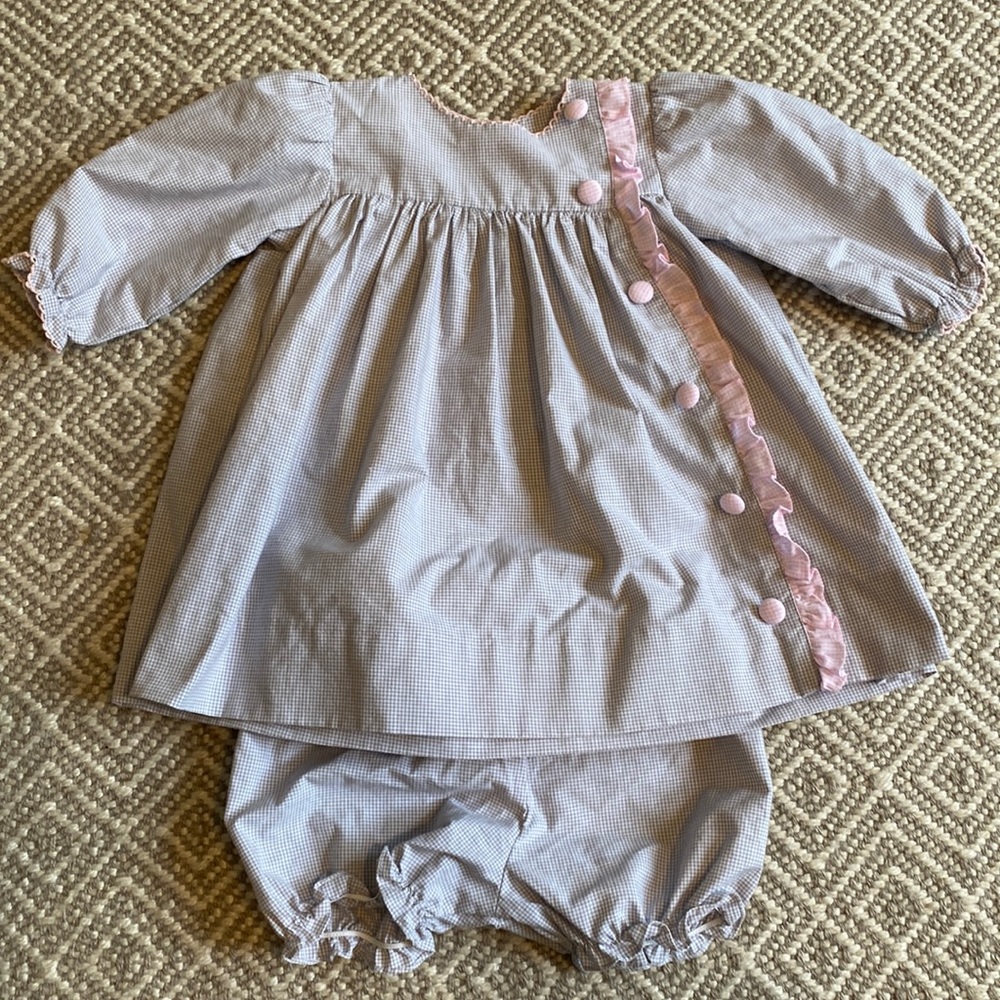 P A Classics grey gingham dress and bloomers with pink gingham trim and buttons